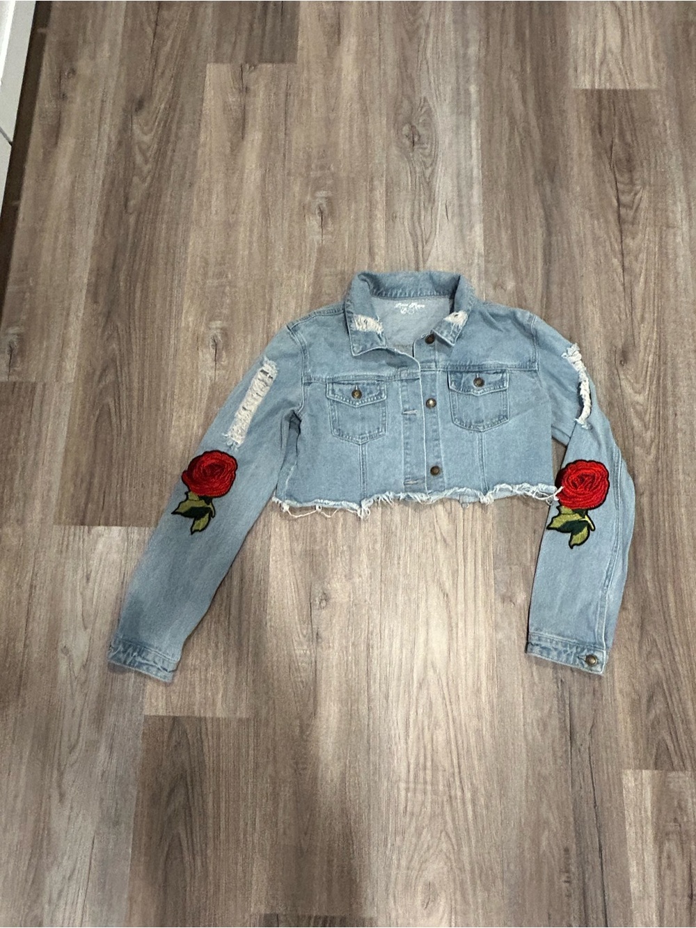 Cropped Light Blue Denim Jacket with Red Rose Embroidery